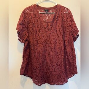 torrid Lace V-Neck Short Sleeve Blouse - Burgundy